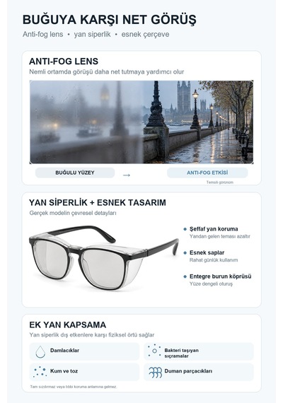 Fotokromik Polarize Uv Korumalı Buğu Önleyici Yan Siperlikli Güneş Gözlüğü Siyah Siyah