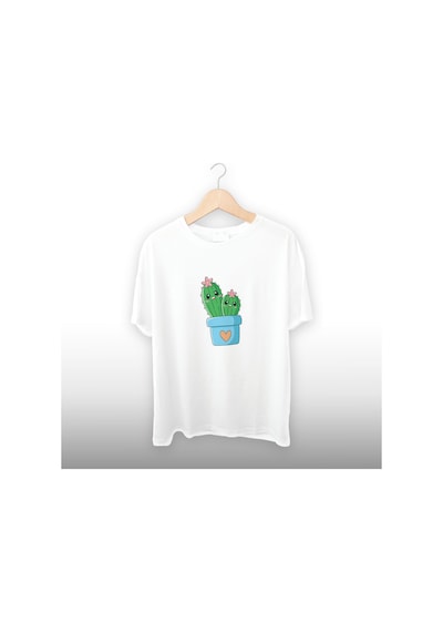 Kaktüs Şirin Detaylı Unisex Tişört Beyaz
