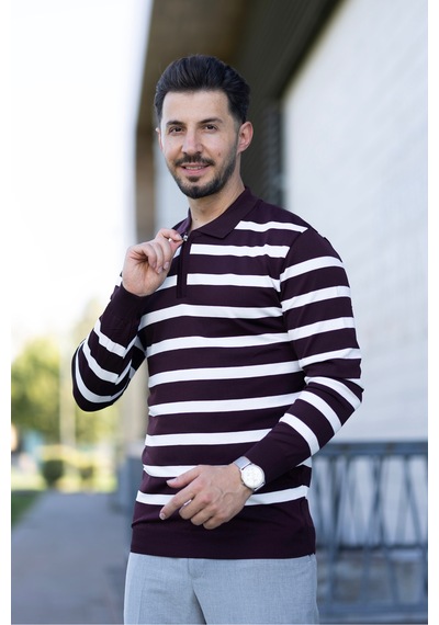 Hk Premium Kazak Fermuarlı Polo Yaka Çizgili Triko Sweatshirt Bordo