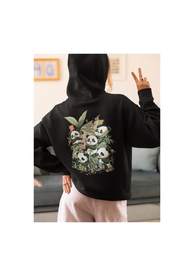 Stil X Sevimli Pandalar Baskılı Kadın Sweatshirt Siyah-6