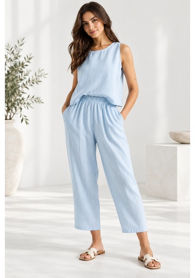 Mevese Beli Lastikli Modal Pantolon & Kalın Askılı Bluz Takımı - Bebe Mavi Bebe Mavisi