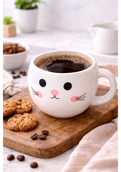 Sevimli Kedi Tasarımlı Seramik Kupa Kahve & Latte Bardağı Dekoratif Hediye Kupa Beyaz