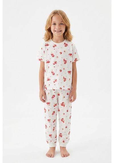 Bunny Hopp Kız Çocuk Pijama Takımı %100 Pamuk Çilek Desenli Yazlık Kısa Kollu Beyaz