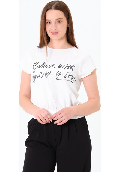 Sortie Collection Reglan Kollu Yazı Baskılı Beli Lastikli Bluz Ekru