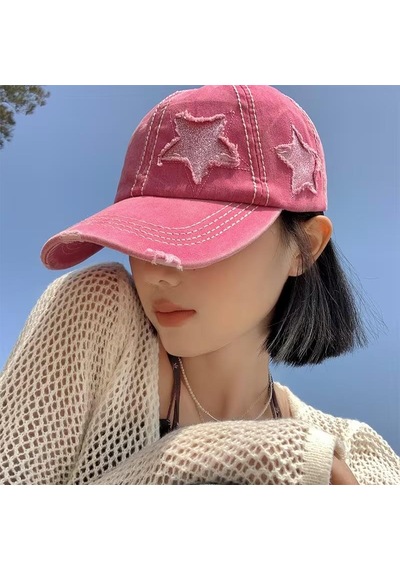 Valkyrie Vintage Pembe Yıldız Nakışlı Şapka Unisex Eskitme Baseball Cap Ayarlanır Pamuk Günlük Şapka