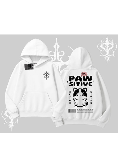 Paw Sitive Kedi Arka Baskılı Kapşonlu Sweatshirt