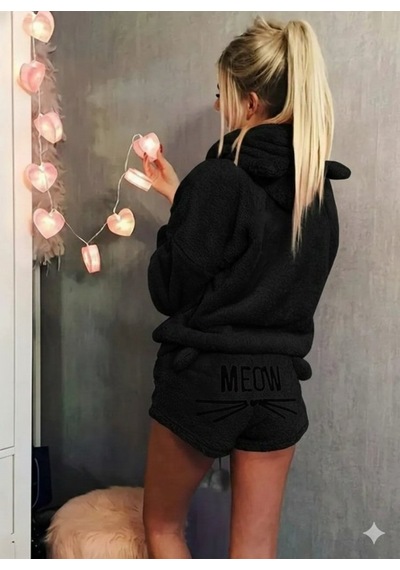 Etiler Collection Kadın Uzun Kollu Kapşonlu Peluş Bluz Ve Kısa Short Ikili Takım Siyah