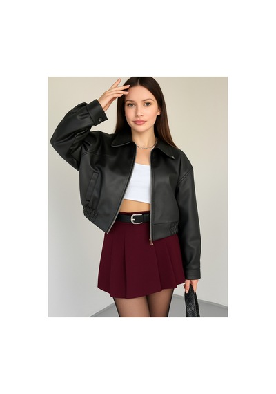 Blanco Kadın Yeni Sezon Siyah Oversize Biker Crop Bomber Deri Ceket Siyah Siyah