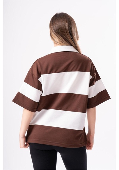 Kadın Polo Yaka Çizgili Oversize T-shirt 001