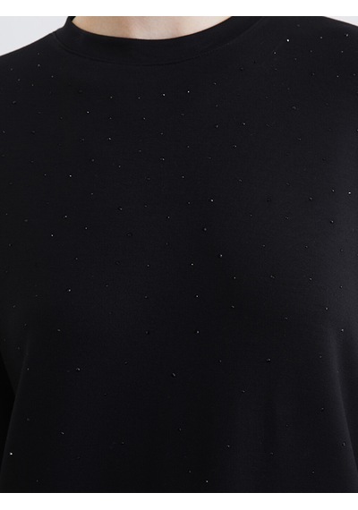 Lcw Modest Siyah Bisiklet Yaka Taşlı Kadın Sweatshirt Tunik