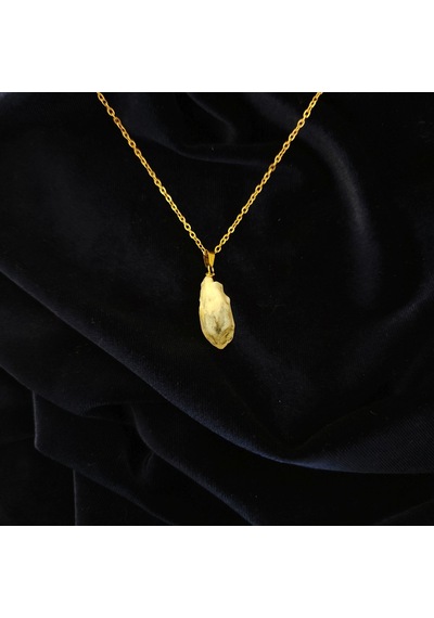 Doğal Sitrin Taşlı Şekilsiz Gold Başlıklı Çelik Zincirli Kolye Sarı