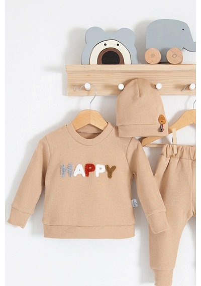 Babydonat Happy Nakışlı Pamuklu Erkek Bebek Takım 2'li - Kahverengi