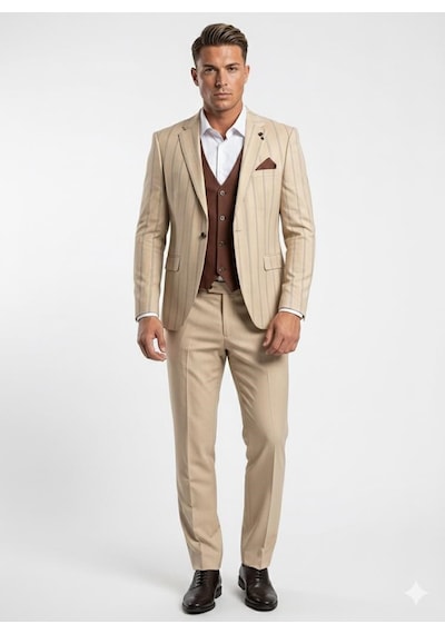Erkek Çizgili Takım Elbise 3 Lü Set Ceket + Yelek + Pantolon Slim Fit İtalyan Tarz Açık Bej Erkek Çizgili Takım Elbise 3 Lü Set Ceket + Yelek + Pantolon Slim Fit İtalyan Tarz Açık Bej