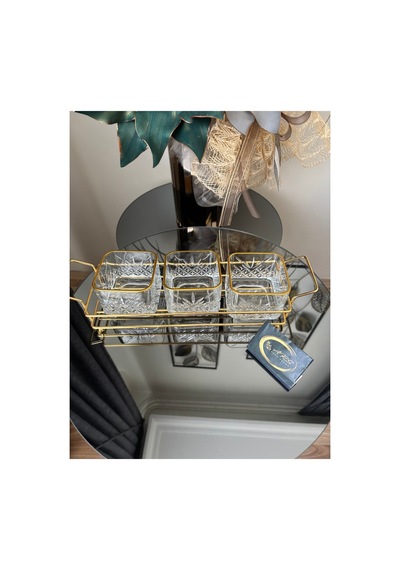 Ars Paşabahçe Timeless Yaldızlı Kare Kase Metal Gold Standlı 3,lü Çerezlik,şekerlik,sunumluk,tabak