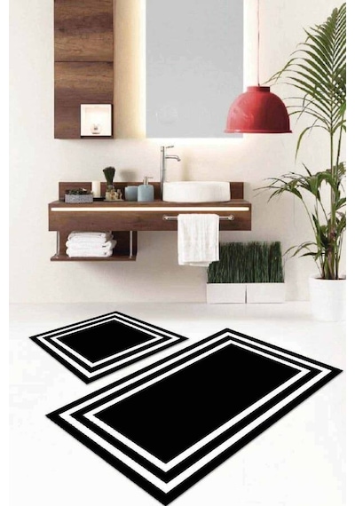 Siyah Çerçeve Desenli Banyo Halısı Klozet Paspas Seti Bs033n11