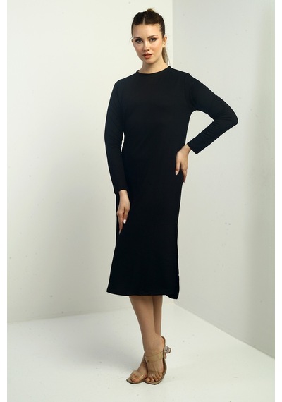 By Saygı Kadın Kristal Basic Yandan Yırtmaçlı Midi Elbise Siyah
