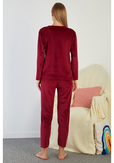 Fullamoda I Love Winter Kabartma Baskılı Kadife Pijama Takımı Bordo