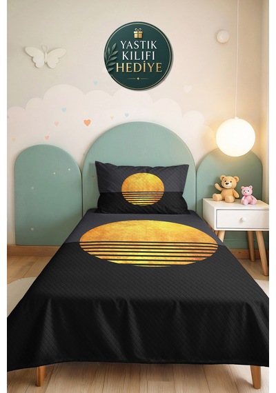 Siyah Gold Geometrik Genç Odası Tek Kişilik Pike Takımı - Antrasit Sarı 160x220 Cm Yatak Örtüsü Naif Akşam Fısıltısı