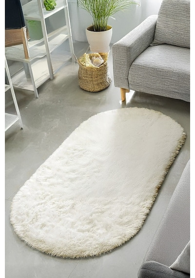 Krem Oval Post Halı Peluş Yumuşak Kaymaz Dot Taban Makinada Yıkanabilir Yolluk Krem