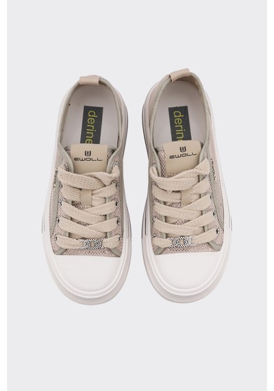 Derinet Bağcıklı Taş Aksesuarlı Kadın Sneaker Bej Bej