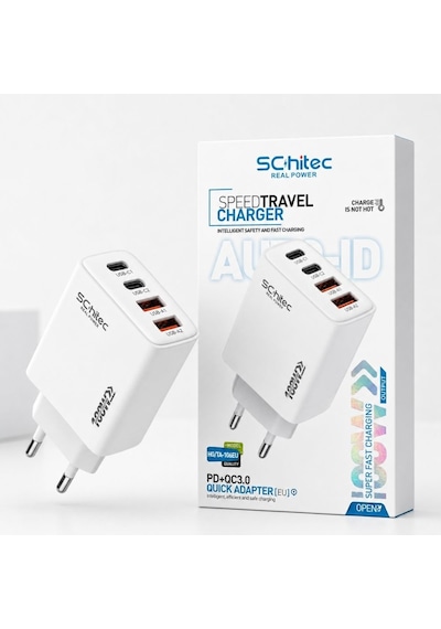 Schitec 100w 4 Çıkışlu 2 Type-c + 2 Usba Qc 3.0 Süper Hızlı Şarj Adaptörü Başlığı Hg/ta-106eu