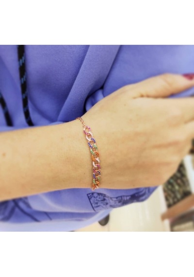 Oriental Kuyumculuk Jewellery Örgü Rose Renkli Taşlı Gümüş Bileklik Pembe
