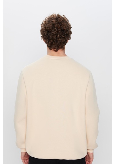 Tudors Unisex Oversize Geniş Kesim Pamuklu Yumuşak Dokulu İçi Polarlı Bej Renk Bisiklet Yaka Sweatshirt-32622 Bej