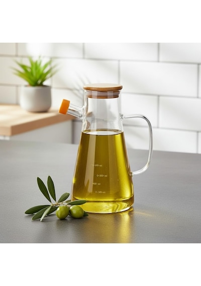 Deconox 1 Adet 900 Ml Bambu Kapaklı Borosilikat Cam Yağlık Ve Sirkelik, Isıya Dayanıklı Ve Ölçekli Tasarım, Dam Diğer