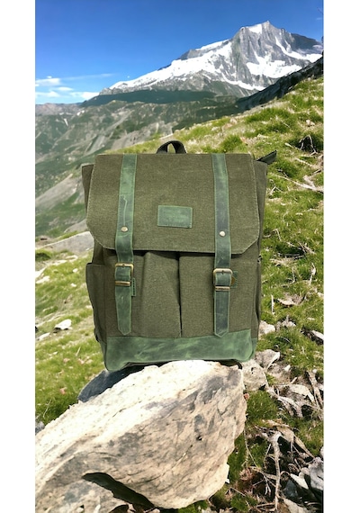 Old Cotton Cargo Kanvas Deri Su Geçirmez Unisex Laptop Bölmeli Gezi Okul Seyahat Kamp Sırt Çantası Haki