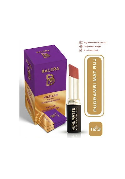 Pure Matte Powder Lipstick No: 123 - Nemlendirici Pudramsı Mat Ruj Makyaj Temizleme Mendili Hediyeli 0