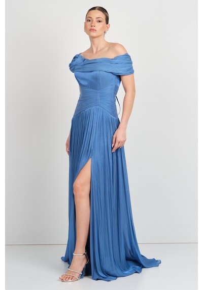 Mor Sposa Kadın Tek Kol Detaylı Derin Yırtmaçlı Şifon Abiye Elbise W0182 Indigo İndigo