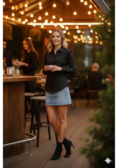Polologin Butik Esnek Likralı Poplin Kumaş Siyah Uzun Kollu Rahat Kesim Ofis Gömleği Siyah