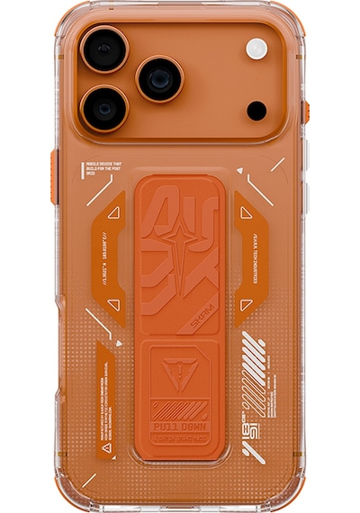 Apple Uyumlu iPhone 17 Pro Kılıf M-safe Teknoloji Desenli Skinarma Helio Mag Charge Standlı Kapak Turuncu Turuncu