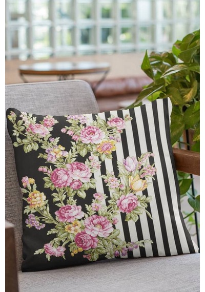 Pembe Çiçek Desenli Çift Taraf Yastık Kırlent Kılıfı Krl159n11