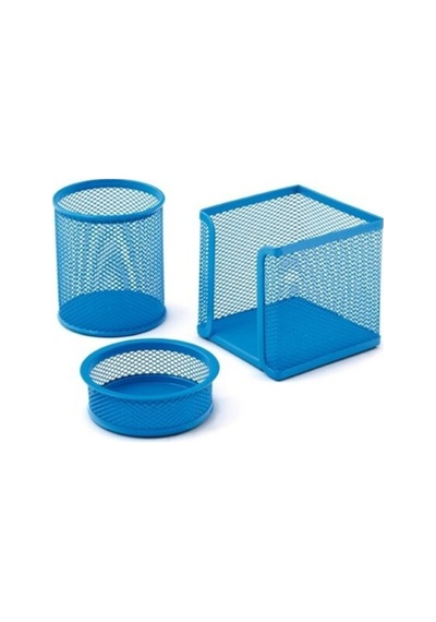Mavi Perfore A Üstü Metal Üçlü Set Kalemlik Ataşlık Küp Blokdesk Organizer