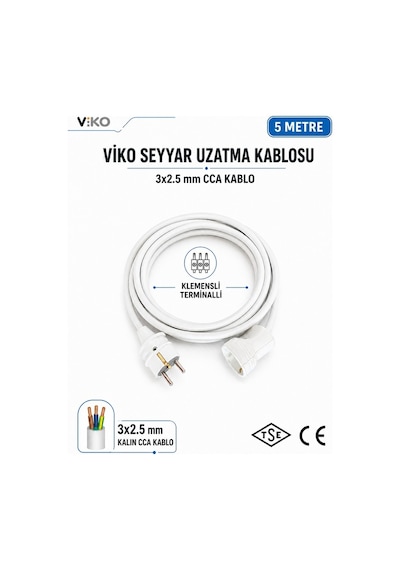 Viko Seyyar Uzatma Kablosu 5 Metre 3x2.5 Mm Cca Kablo Viko Erkek Dişi Fiş Klemensli Terminalli Topraklı Tse Ce Belgeli 5 M