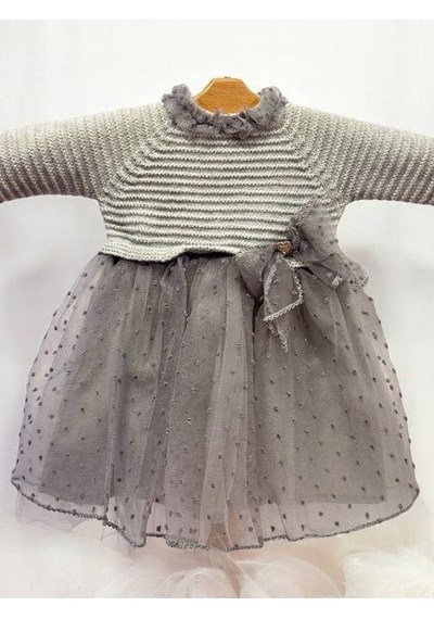 Cantoy Kız Bebek Triko Tüllü Şık Elbise-15380 Gri