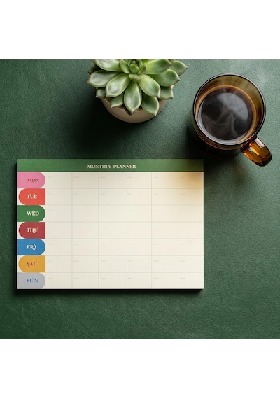 Paperto. Tarihsiz A4 Aylık Masa Planlayıcı 80 Yaprak 110gr. Ivory Minimal Tasarım Ofis & Ev İçin Aylık Takip İngilizce Çok Renkli