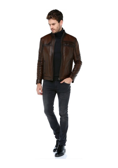 Dericlub Arthur Erkek Dik Yaka Slim Fit Gerçek Deri Mont Camel Antik