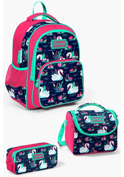 Coral High Kids Neon Mercan Lacivert Kuğu Desenli 3'lü Okul Çanta Seti Set0123402