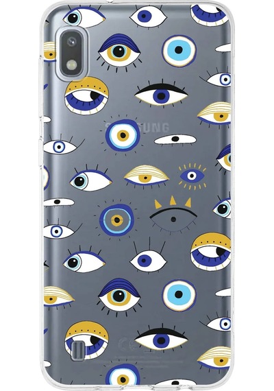 Samsung Galaxy A10 İle Uyumlu 1mm Slim Fit Nazar Boncuğu 2 Baskılı Şeffaf Kılıf Şeffaf