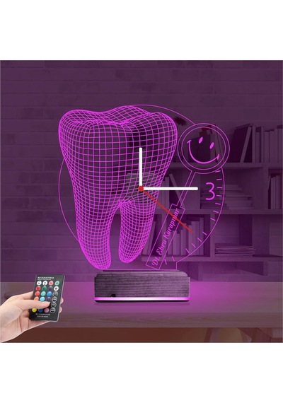 Luvivia Smile Diş Doktoru Dentist Kişiye Özel Saatli 3d Lamba - Masa Gece Lambası Şeffaf