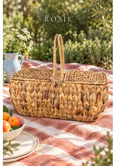 Rosıe 2 Kapaklı Hasır Piknik Sepeti 45 Cm Karışık