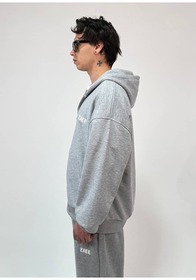 Zaee İnce Kumaş Nakışlı Oversize Premium Zip Hoodie Gri