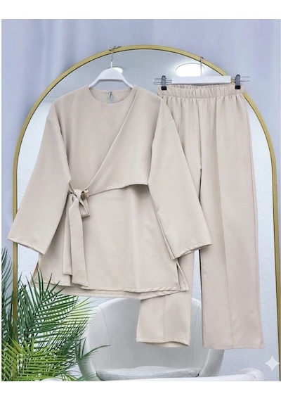 Lovie Moda Kruvaze Bağlamalı İkili Takım Bej
