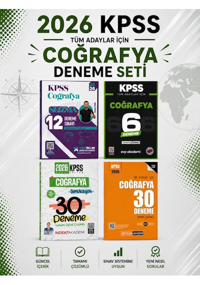 2026 Kpss Coğrafya Tamamı Çözümlü Deneme Sınavı Yediiklim + İndeks + Pegem + Evp Akademi Seti