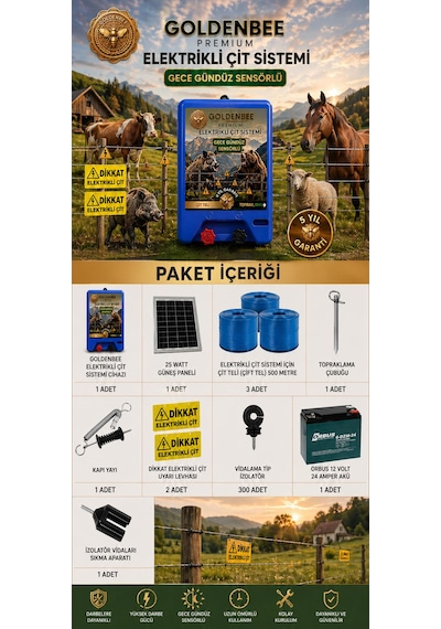 Goldenbee Eko Kit Elektrikli Çit Sistemi Domuz Ve Ayı Kovucu 1500mt Set-202