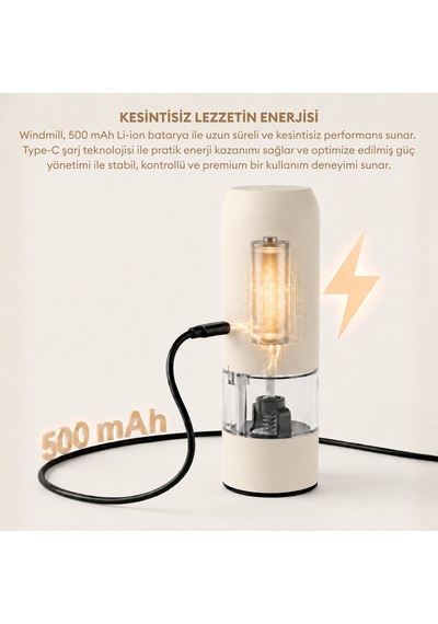 Pizen Windmill Usb Şarjlı Otomatik Baharat Öğütücü Led Işıklı Ayarlanabilir Tuz Karabiber Değirmeni Bej