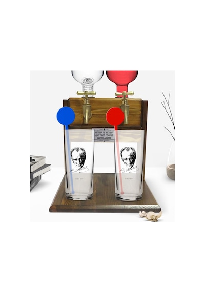 Kişiye Özel Renkli Baskılı Atatürk Temalı İkili Vodka Bardağı Ve Çift Musluklu Doğal Ahşap Vodka Standı-18