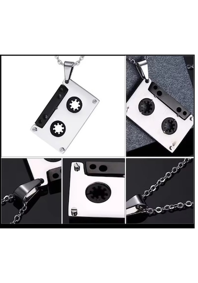 Kaset Kolye Gümüş Siyah Paslanmaz Çelik 316l